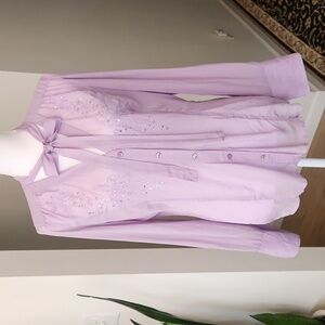 DKNY Silk Blouse Sequins Floral Embroidery Flowy Neck Bow Long Sleeve Lavender L